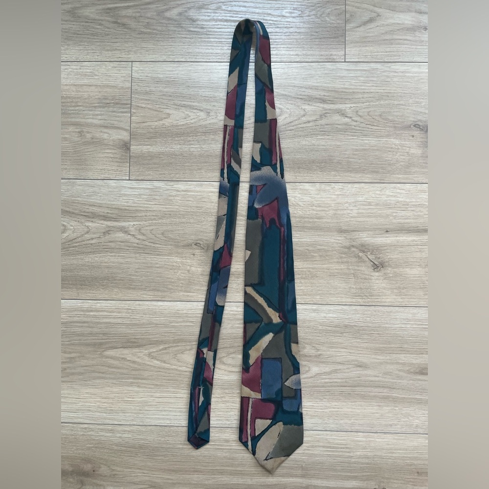 Abstract Pattern Slim Italian Silk Necktie in Teal & Burgundy